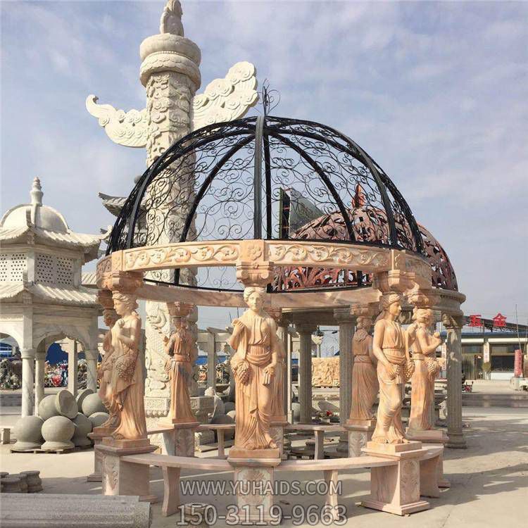別墅花園裝飾晚霞紅浮雕西方仕女石柱鐵藝鏤空圓頂石涼亭雕塑