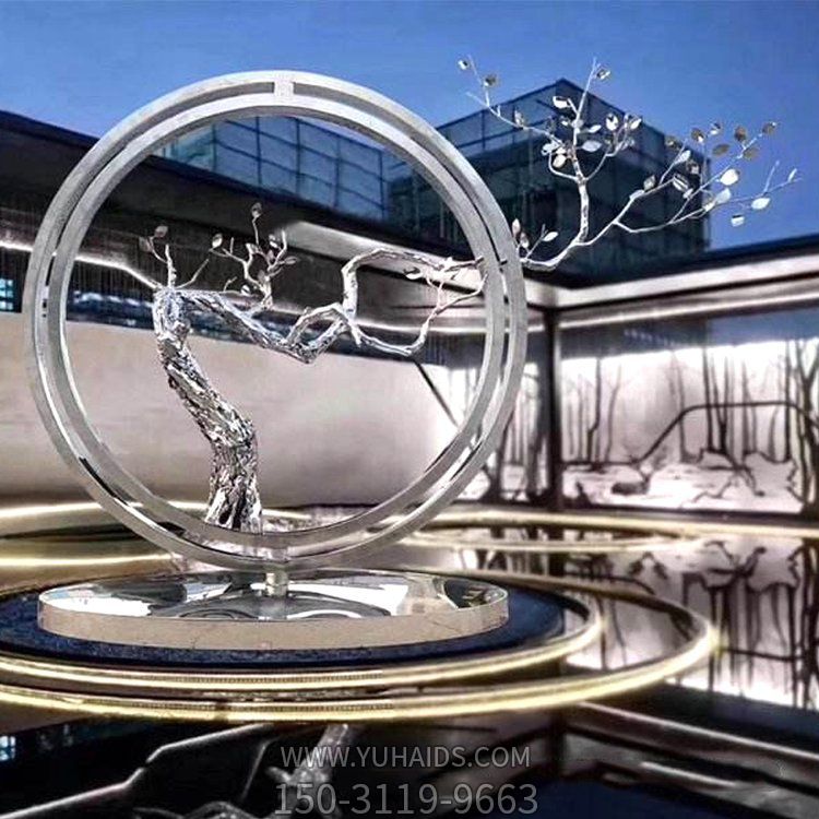 酒店會所不銹鋼幾何創意樹枝圓環擺件雕塑
