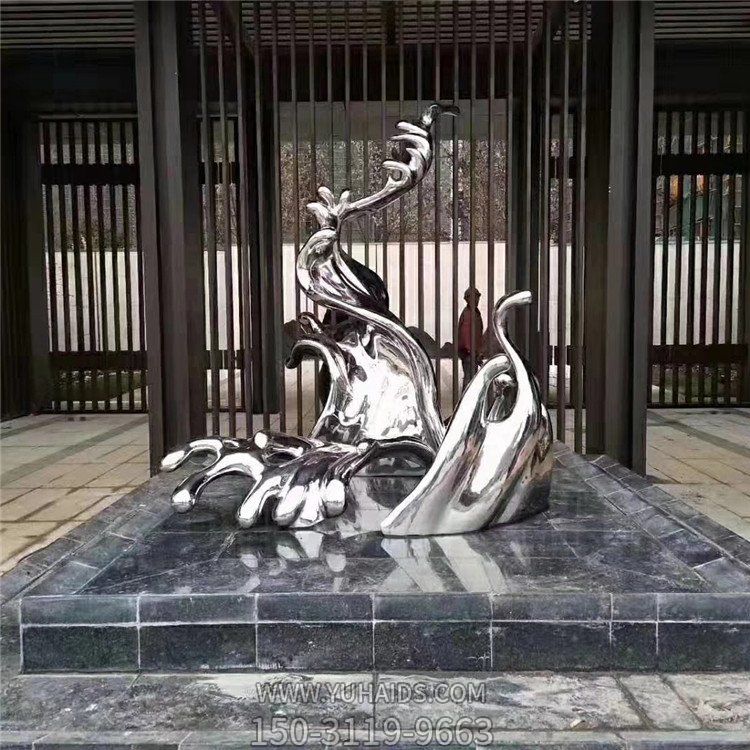 不銹鋼鏡面酒店會(huì)所門口水景擺件海浪浪花雕塑