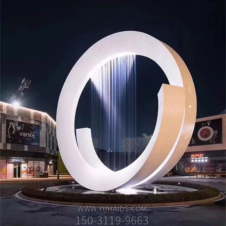 不銹鋼噴霧圓環金屬月亮發光噴泉水景裝飾擺件定制雕塑