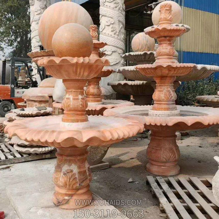晚霞紅雕刻二層中式庭院擺放流水轉(zhuǎn)運風水球雕塑