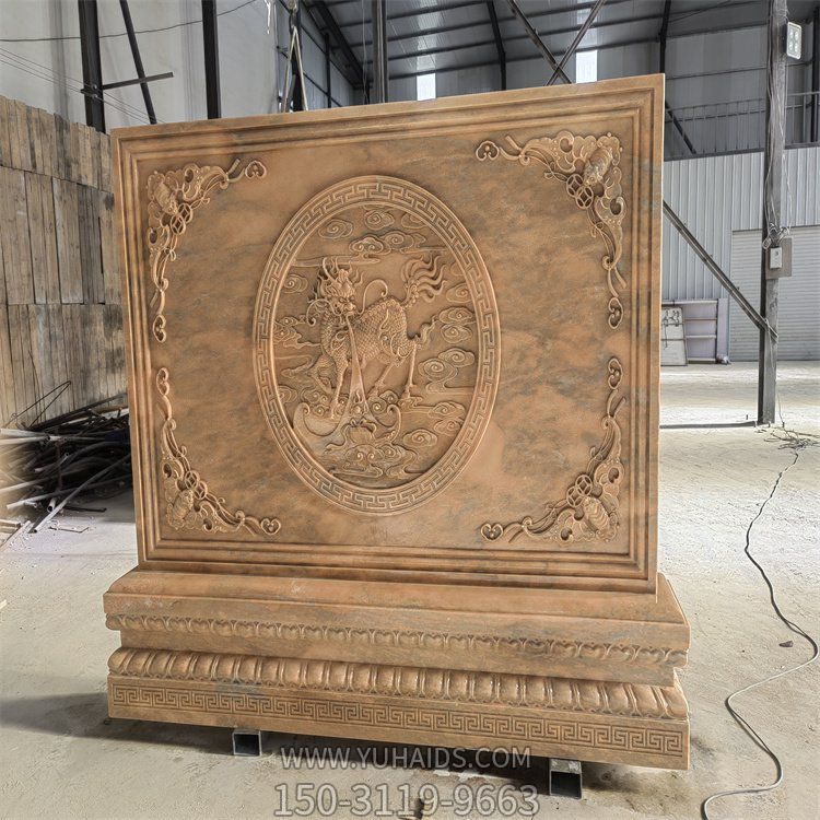 晚霞紅浮雕麒麟鎮宅招財庭院玄關擺放背景墻雕塑