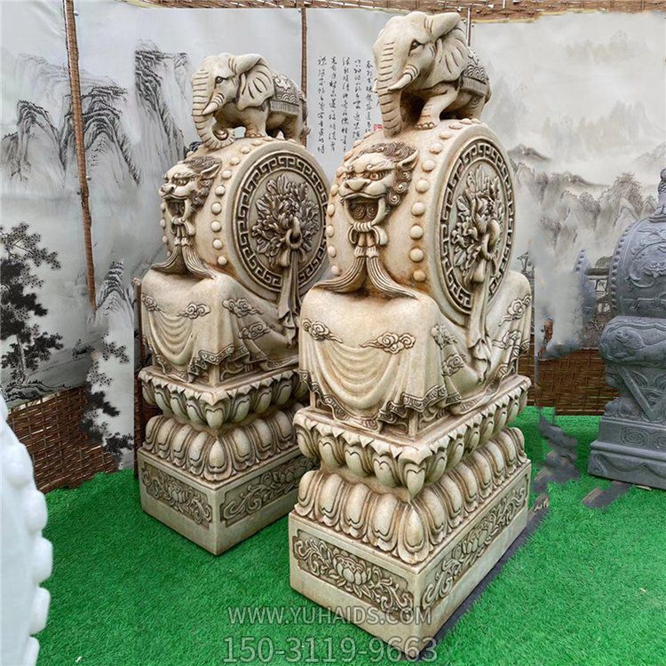 漢白玉大象抱鼓石，仿古做舊大門門墩雕塑