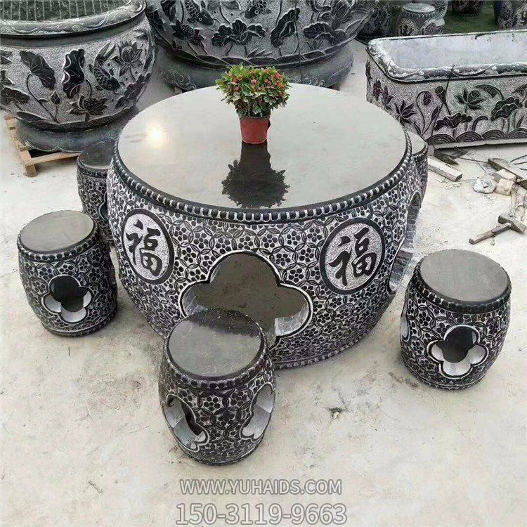 庭院陽(yáng)臺(tái)擺放大理石浮雕福字圓形鼓石桌石凳雕塑