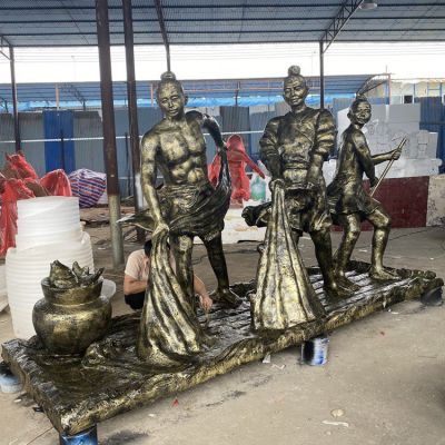 捕魚，玻璃鋼仿銅民俗生活人物情景雕塑