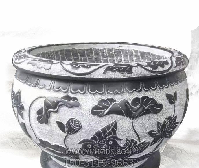 庭院荷花鯉魚(yú)石浮雕戶外大型景觀缸雕塑