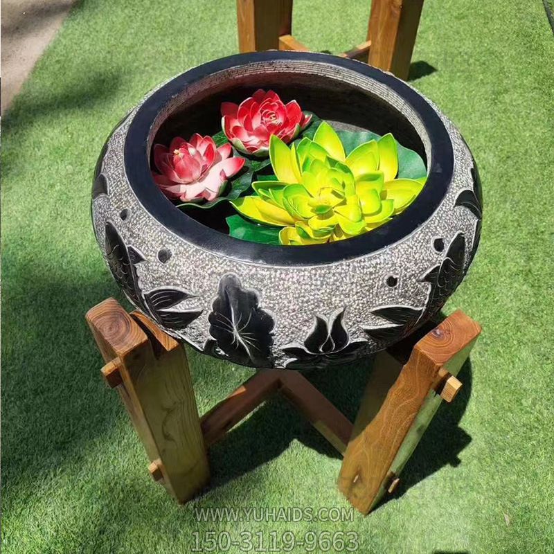 庭院小型青石石雕養魚花盆雕塑