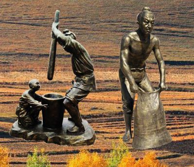 田園農場擺放打糍粑人物景觀鍍金玻璃鋼雕塑