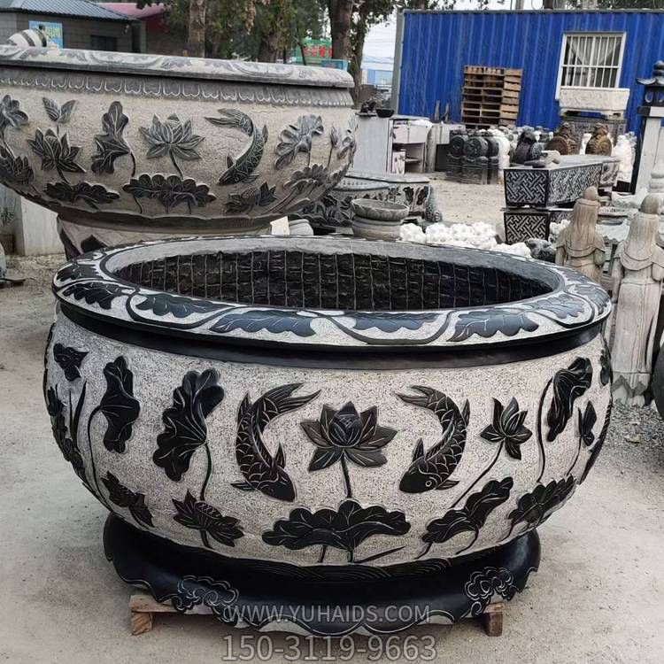 天然青石仿古石雕魚缸花盆 庭院荷花缸戶外花園養魚池水缸雕塑