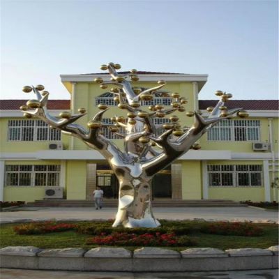 企業(yè)草地不銹鋼鏡面抽象蘋果樹(shù)景觀雕塑小品