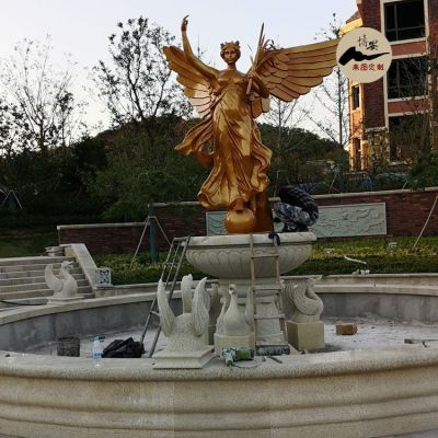 小區噴泉景觀，水槽+噴泉+吐水天鵝石雕+勝利女神銅像