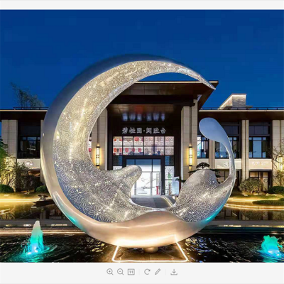 不銹鋼月亮水滴雕塑，透光水景裝飾雕塑