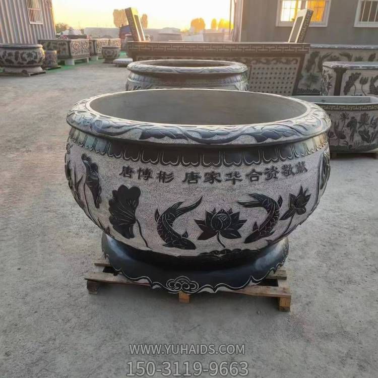 寺廟擺放青石仿古養魚水缸花盆雕塑