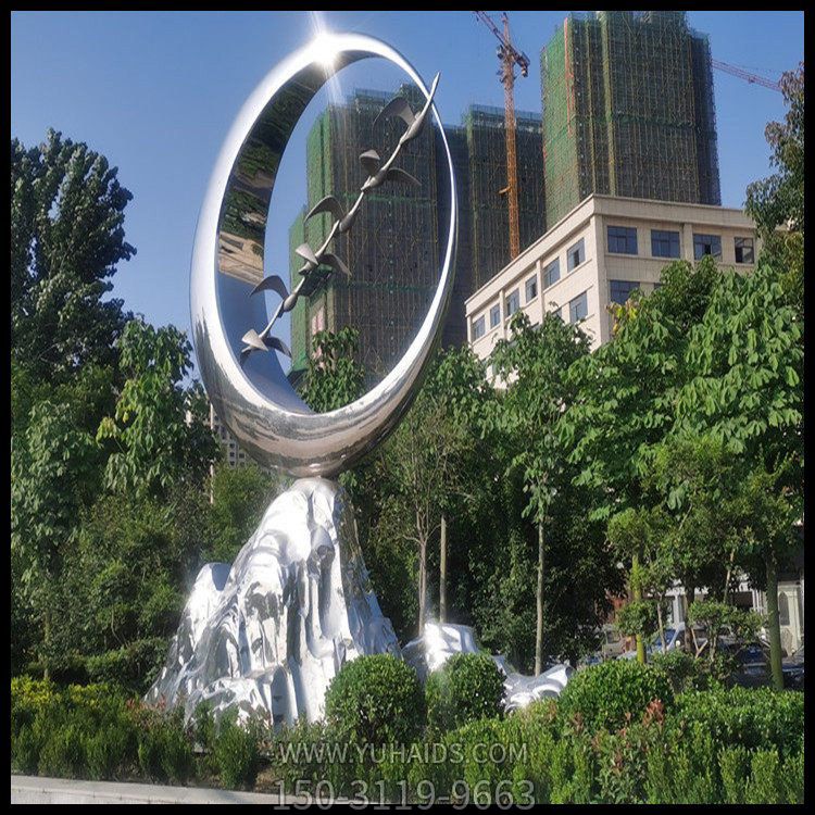 不銹鋼假山+大雁+月亮，景觀山水創意雕塑