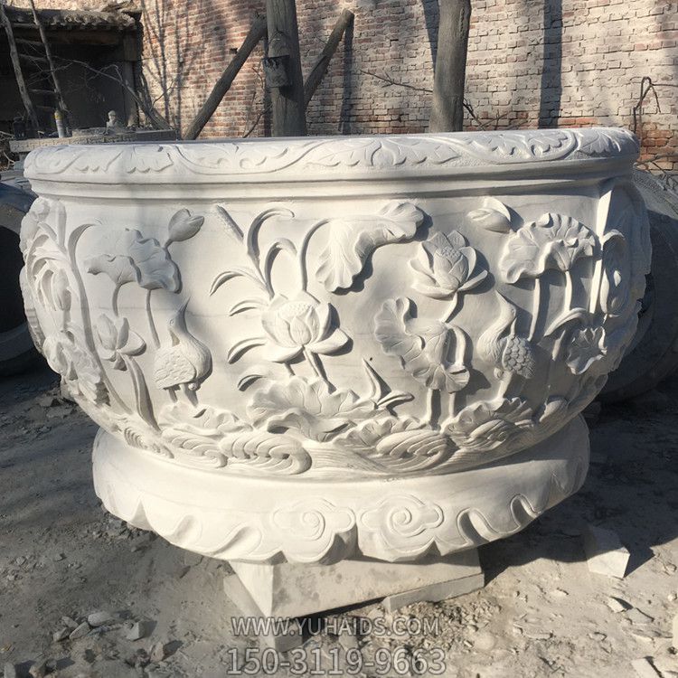 景區大型漢白玉石雕蓮花花盆雕塑