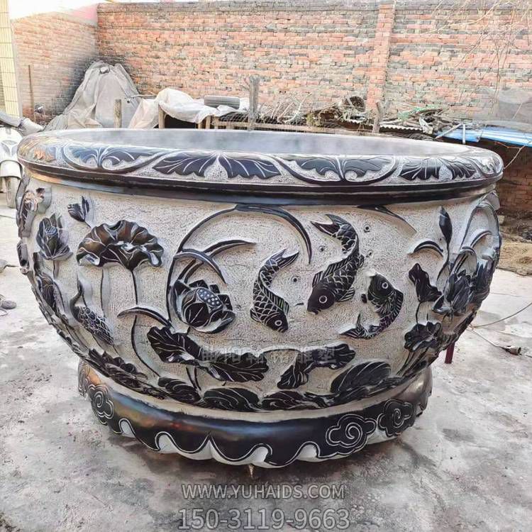 大理石浮雕荷花養魚缸中式庭院別墅景觀擺件雕塑