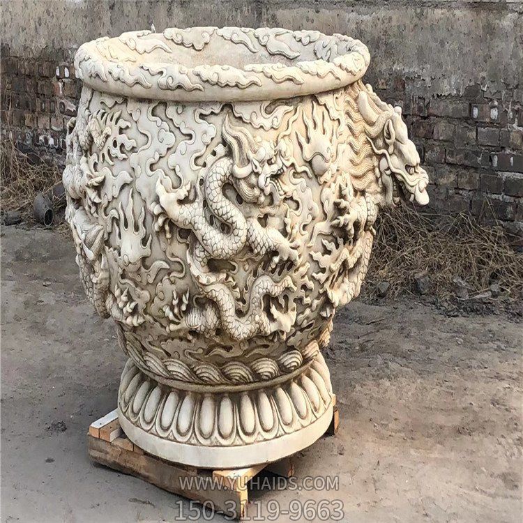 龍紋水缸漢白玉仿古石缸雕塑