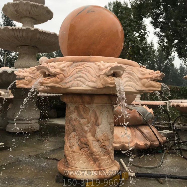 企業公司天然晚霞紅雕刻龍頭流水風水球雕塑