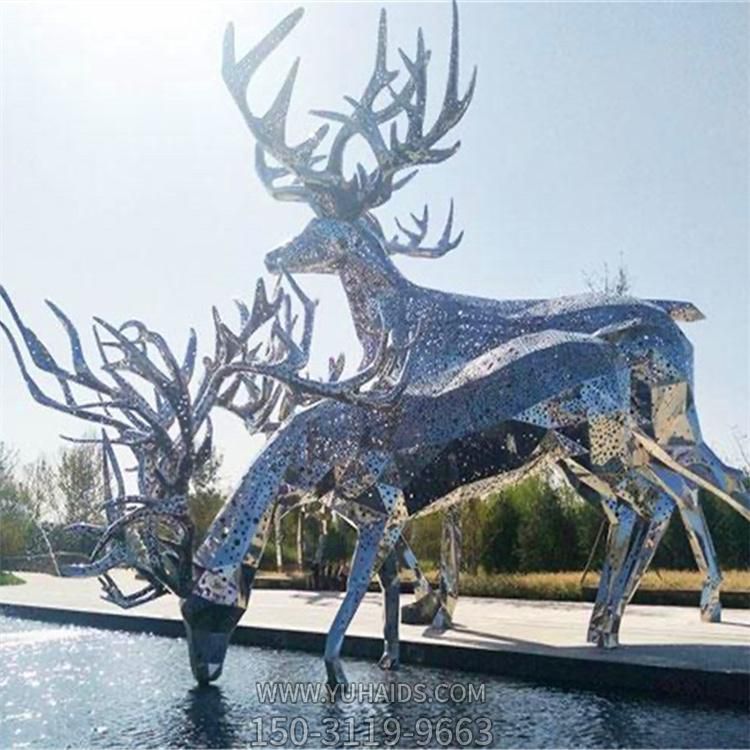 戶外噴泉水景大型不銹鋼鏤空，梅花鹿擺件雕塑