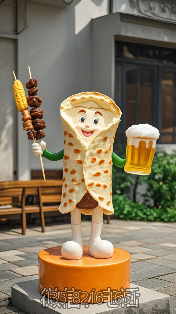 一手拿啤酒一手拿烤串的卡通卷餅雕塑