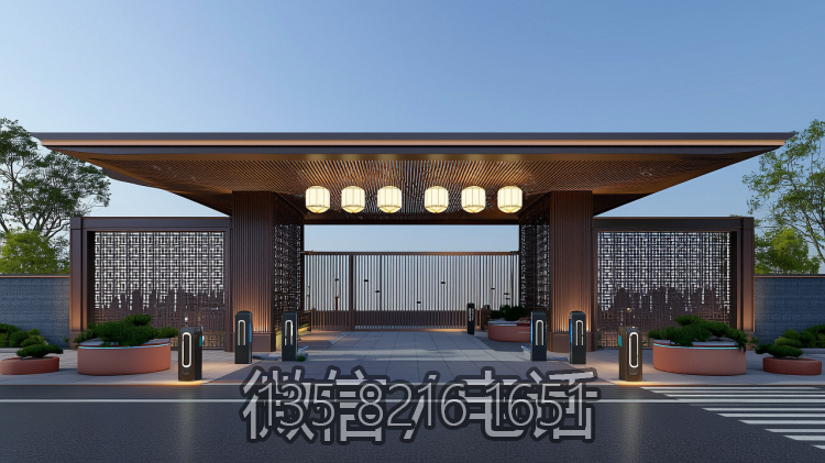 小區中式不銹鋼大門門頭造型