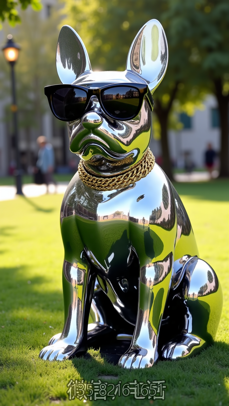 戴墨鏡的不銹鋼小狗雕塑