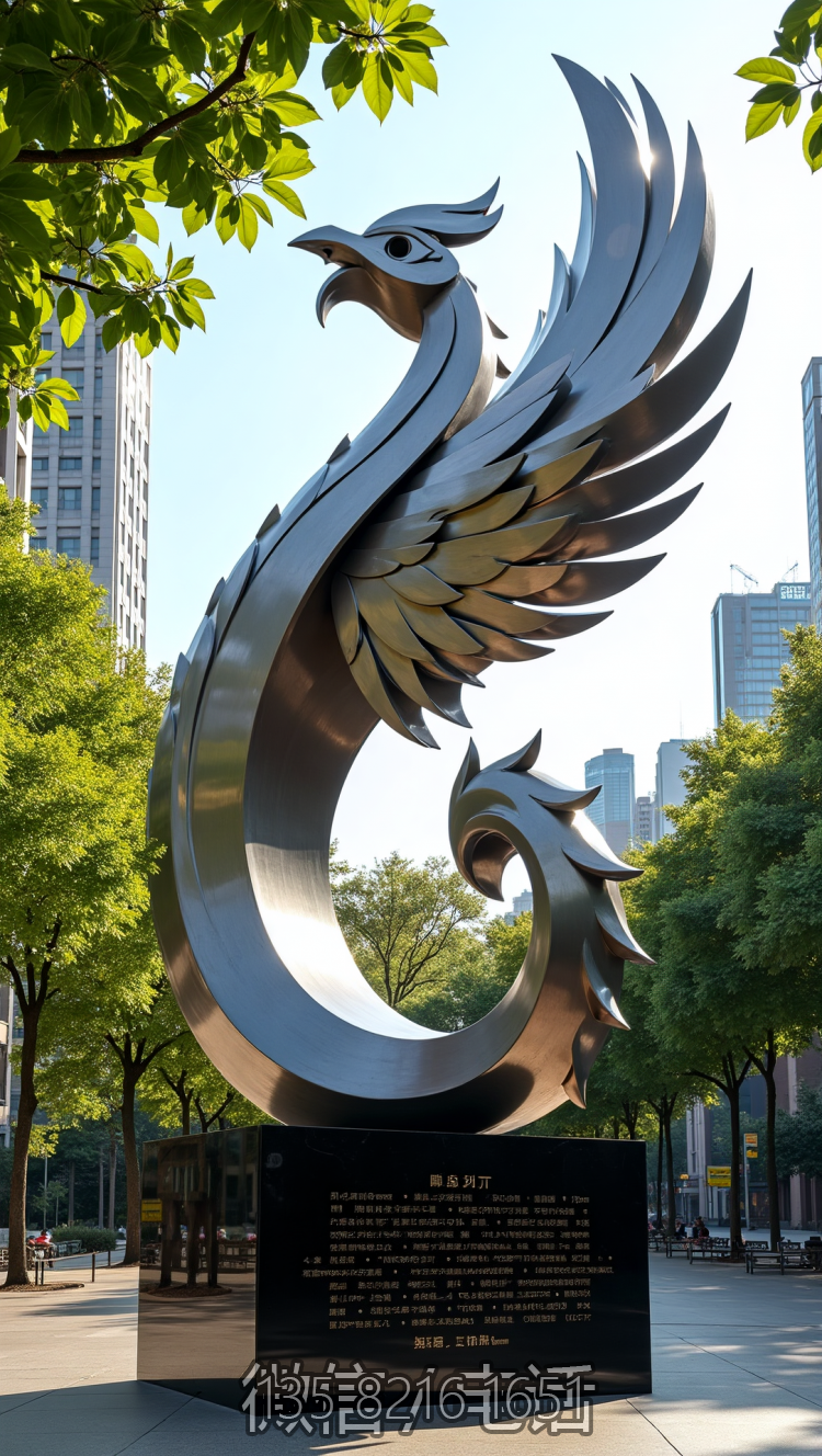公園里的抽象不銹鋼鳳凰雕塑