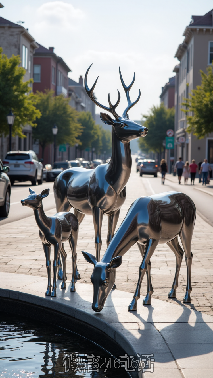 水池邊的不銹鋼梅花鹿雕塑