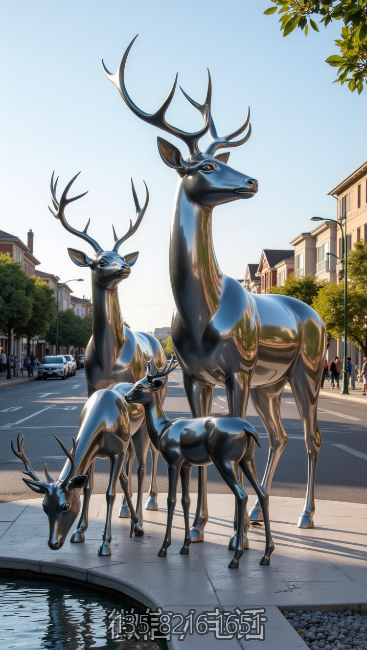 小區(qū)水景不銹鋼梅花鹿群雕塑