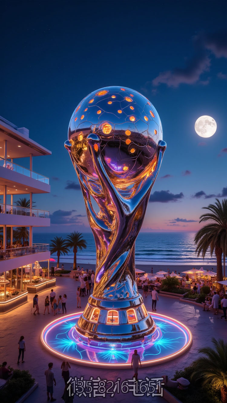 鏡面不銹鋼鏤空發光世界杯景觀雕塑
