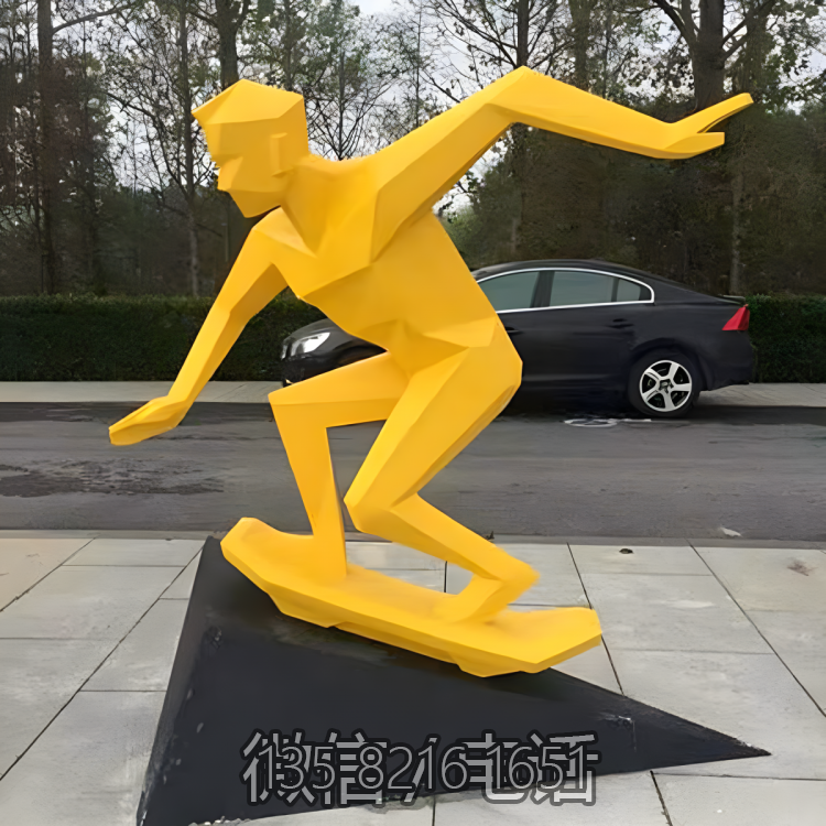 城市街道不銹鋼幾何抽象景觀玩滑板的人物雕塑