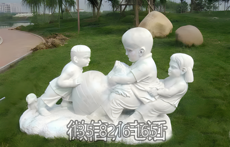 童趣景觀草坪擺件漢白玉石雕拔蘿卜的小孩雕塑