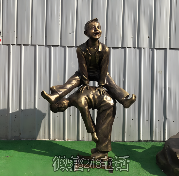 景點古鎮創意玻璃鋼仿銅跳山羊的兒童雕塑擺件