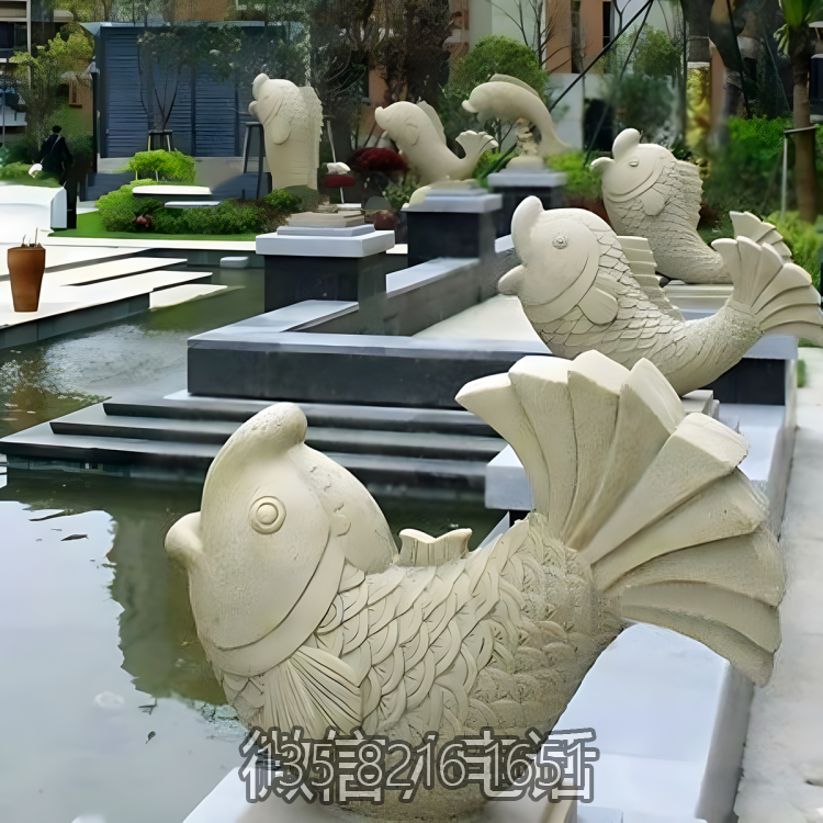 小區別墅大理石石雕水景擺件海洋動物噴水魚裝飾雕塑