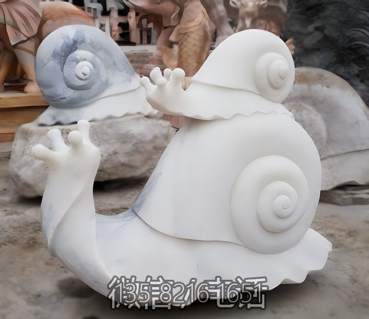 大理石石雕動物景觀裝飾擺件一大一小蝸牛雕塑