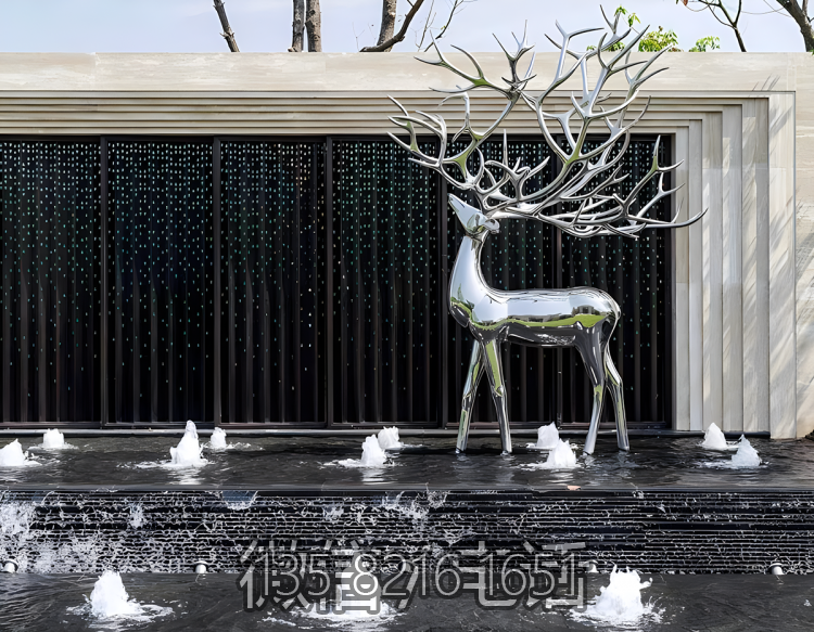 酒店會(huì)所水景噴泉裝飾擺件不銹鋼鏡面動(dòng)物梅花鹿雕塑