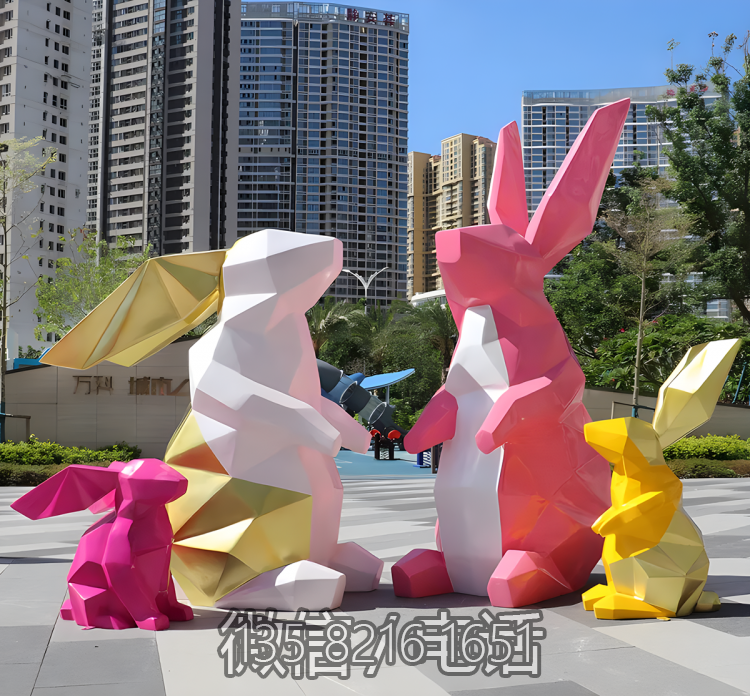 園林定制玻璃鋼幾何動物景觀裝飾不銹鋼塊面兔子雕塑