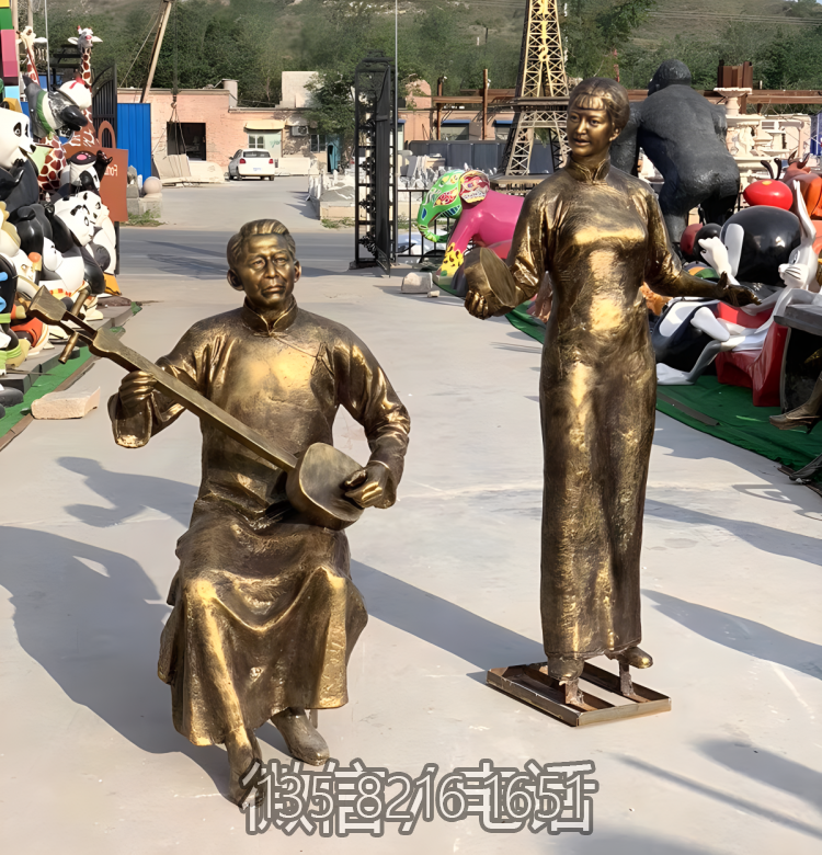 玻璃鋼仿銅民俗音樂彈唱人物情景雕塑