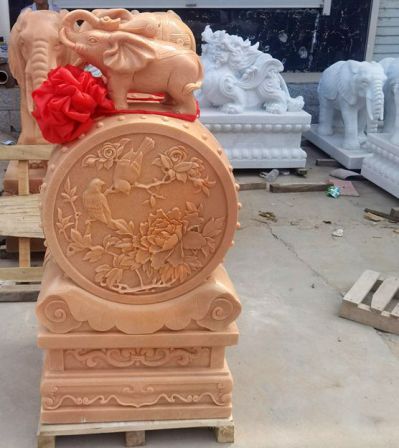 晚霞紅大理石大象抱鼓石門墩擺件