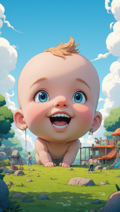 在地上爬行的卡通嬰兒雕塑