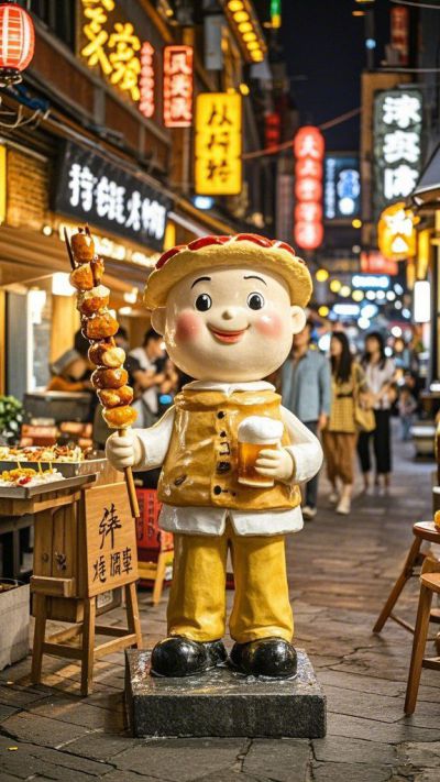 手拿啤酒和烤串的卡通小孩雕塑