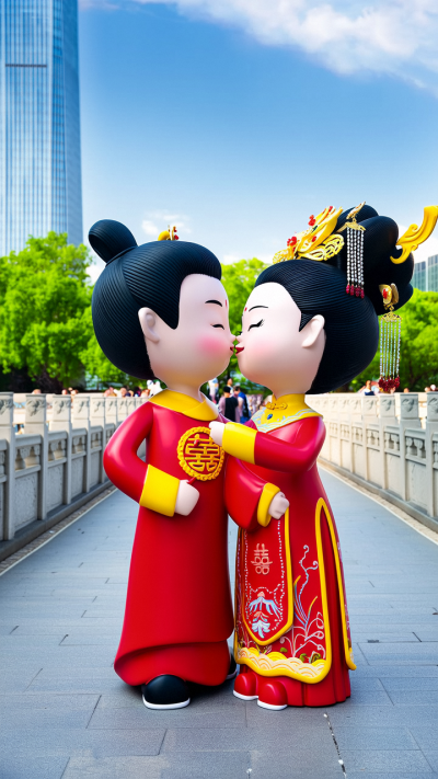 接吻的古代新郎新娘雕塑