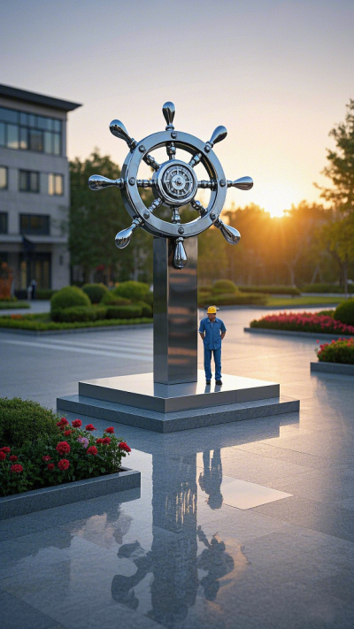 企業(yè)大門不銹鋼船舵雕塑