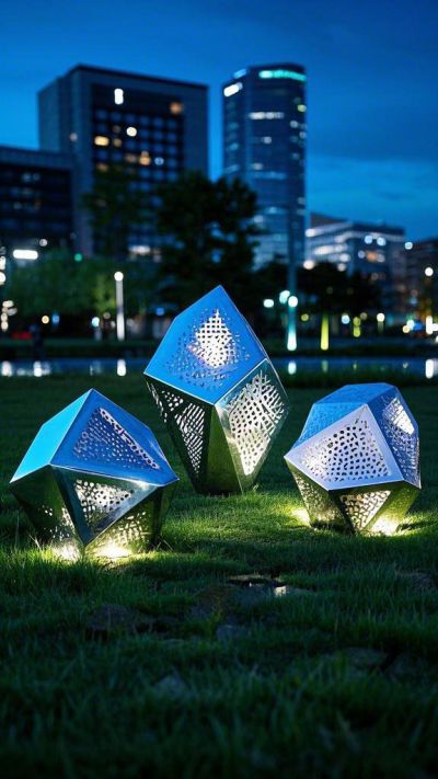 鏤空發光不銹鋼幾何石頭鵝卵石雕塑擺件