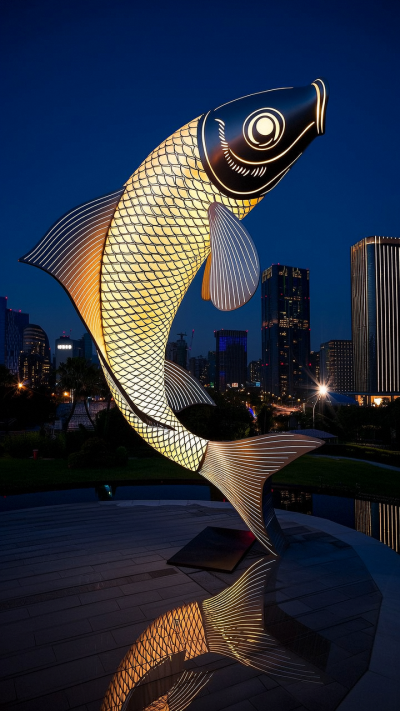 鏤空發光不銹鋼鯉魚雕塑