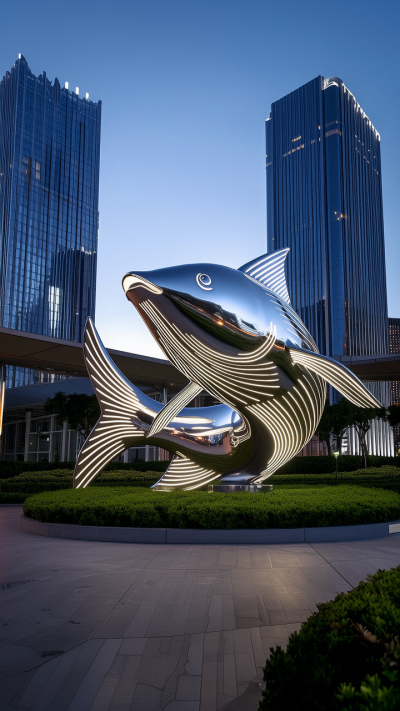 城市綠化帶大型鏡面不銹鋼鯉魚雕塑