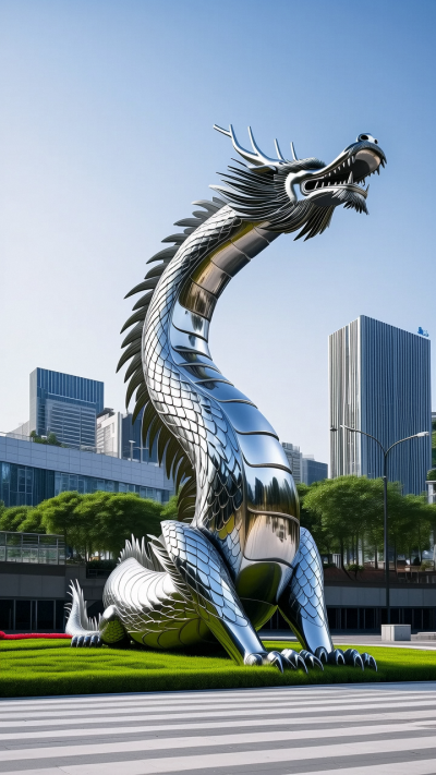 大型鏡面不銹鋼神獸動物龍雕塑