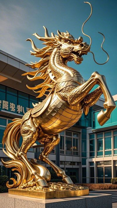 企業(yè)門(mén)口的金色不銹鋼龍馬雕塑