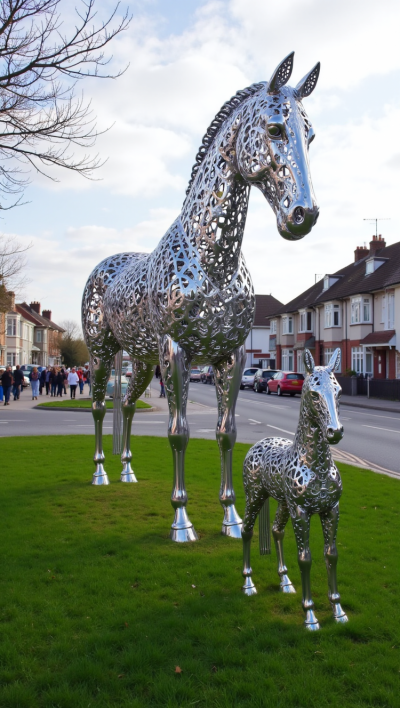鏤空不銹鋼母子馬雕塑