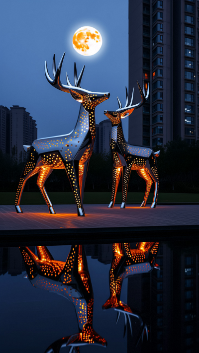 抽象不銹鋼鏤空梅花鹿雕塑